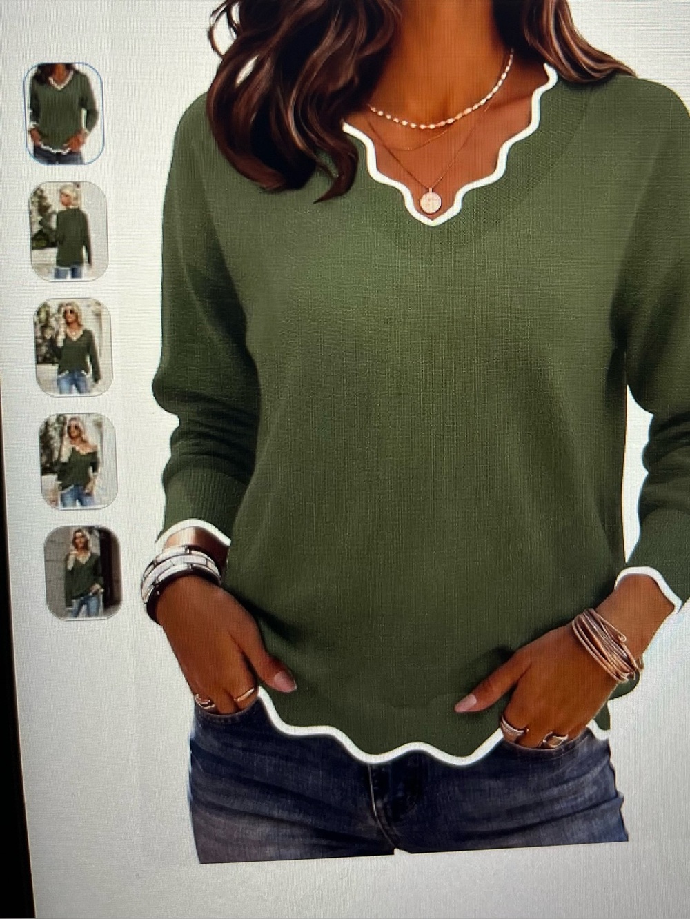 V-Neck Olive Green Sweater with White Scalloped Trim